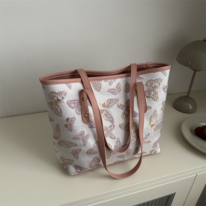Butterfly fabric & leather tote bag with zip
