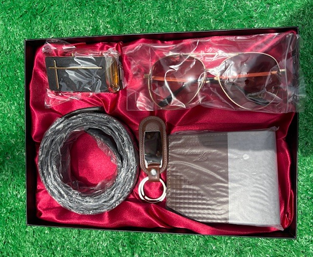 Leather belt, wallet, sunglasses & pen set