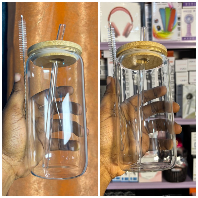 Sippy glass cup with straw and straw cleaning brush
